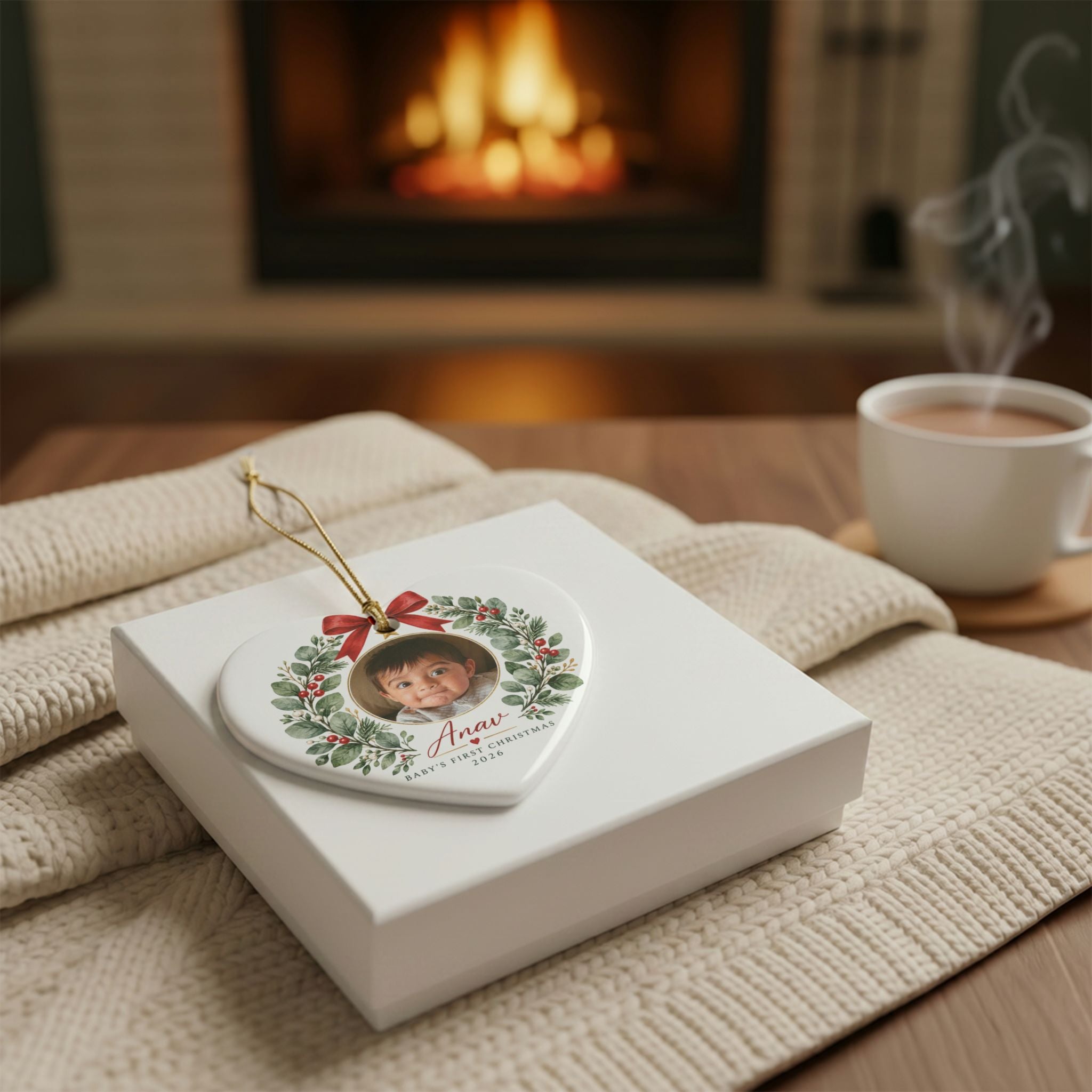 Baby's First Christmas Photo Ornament -  Ceramic Heart & Round Ornament