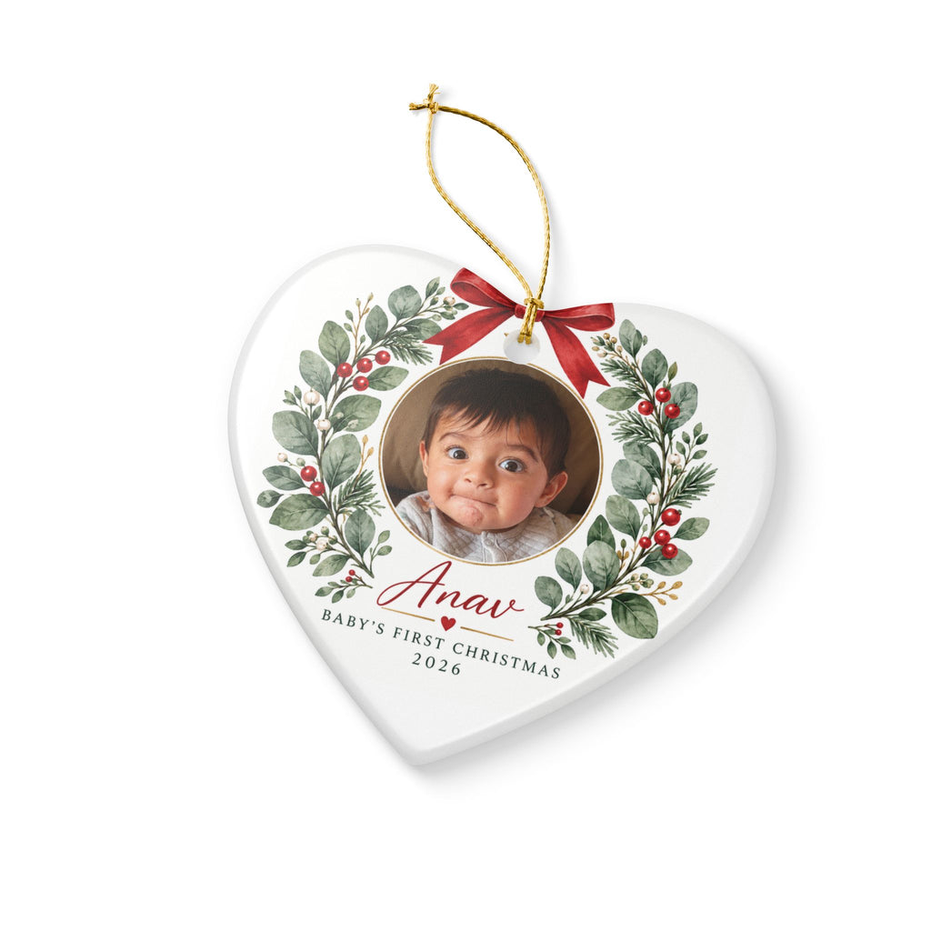 Baby's First Christmas Photo Ornament -  Ceramic Heart & Round Ornament