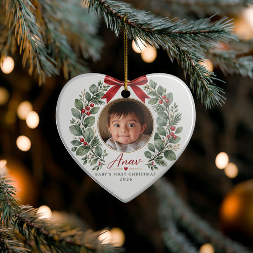 Baby's First Christmas Photo Ornament -  Ceramic Heart & Round Ornament