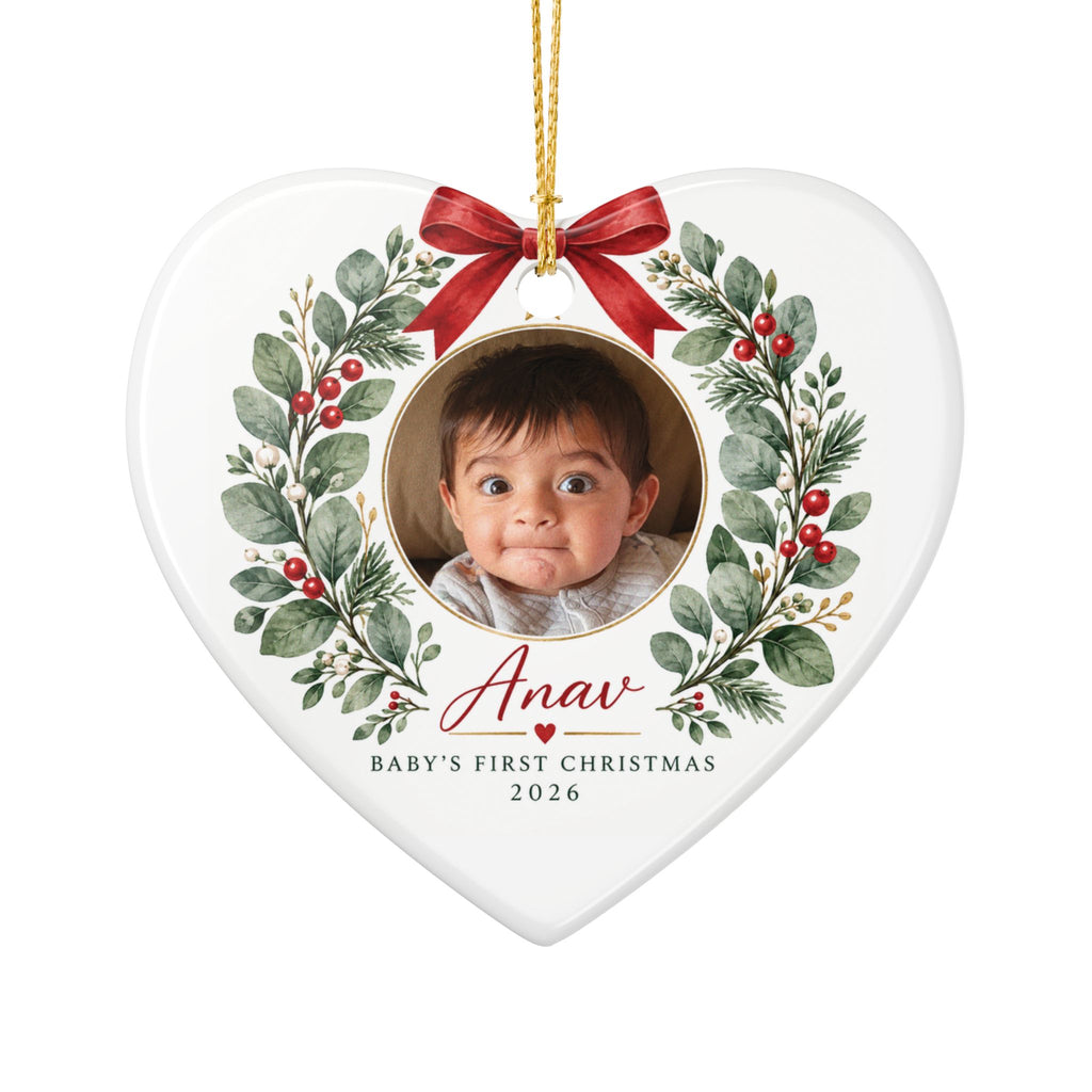 Baby's First Christmas Photo Ornament -  Ceramic Heart & Round Ornament