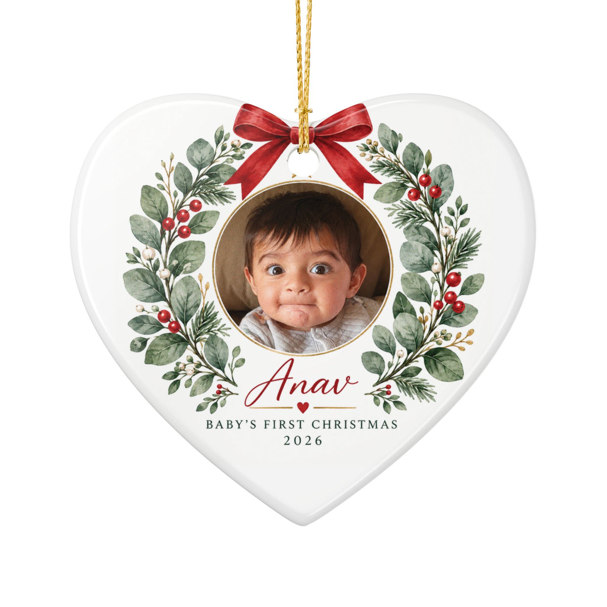 Baby's First Christmas Photo Ornament -  Ceramic Heart & Round Ornament