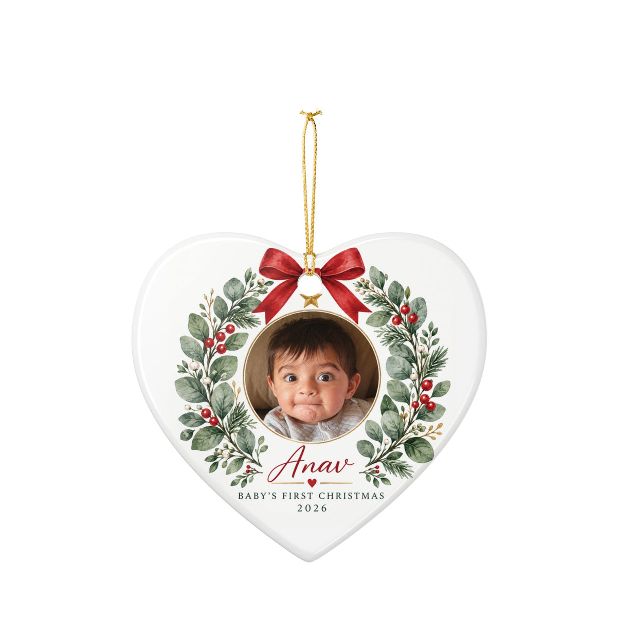 Baby's First Christmas Photo Ornament -  Ceramic Heart & Round Ornament