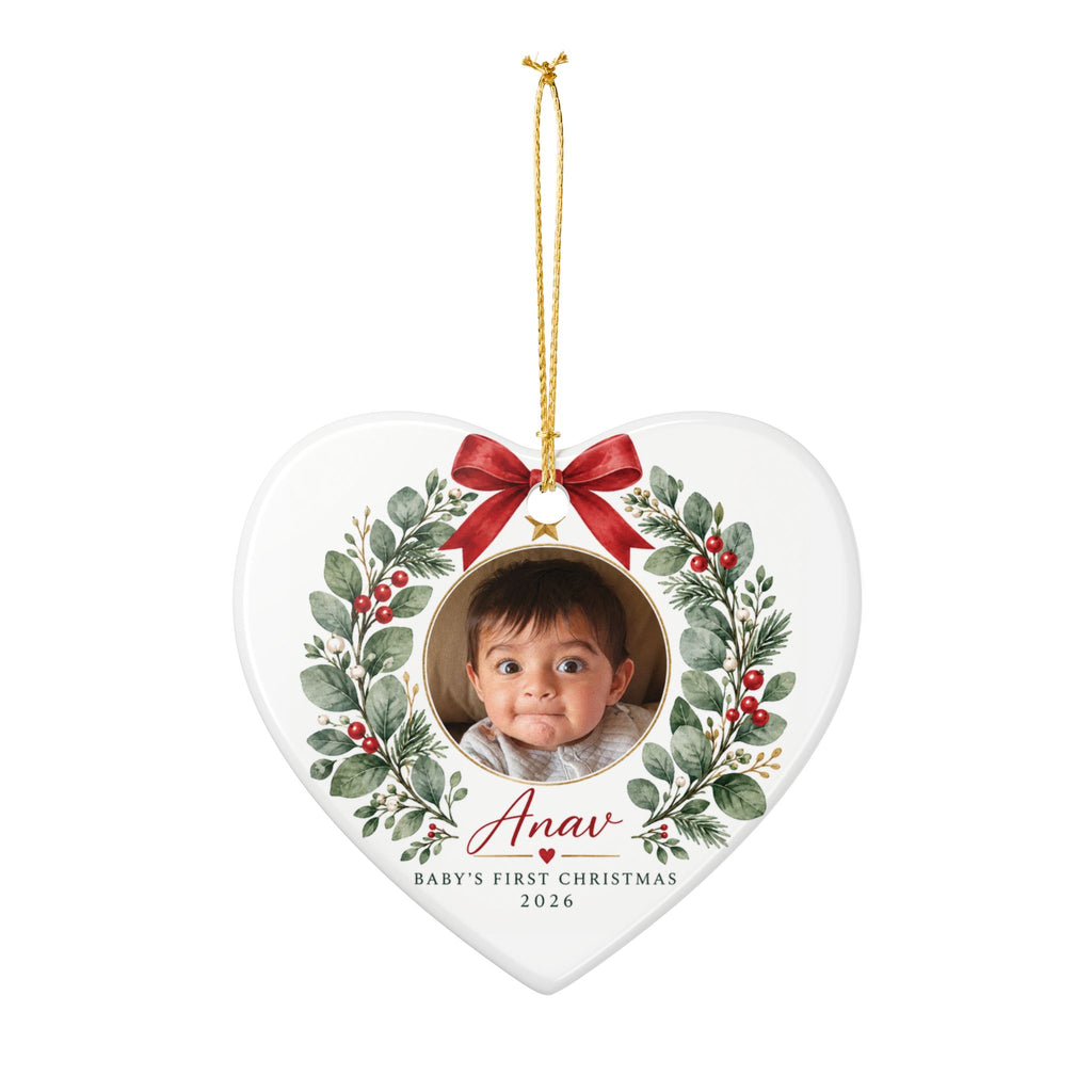 Baby's First Christmas Photo Ornament -  Ceramic Heart & Round Ornament