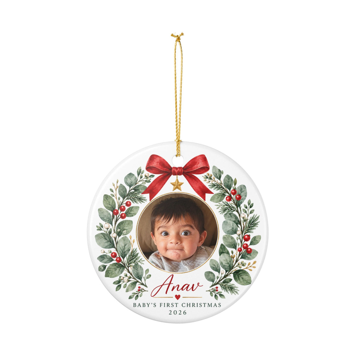 Personalized Baby's First Christmas Ceramic Ornament – Custom Name & Photo Wreath Design
