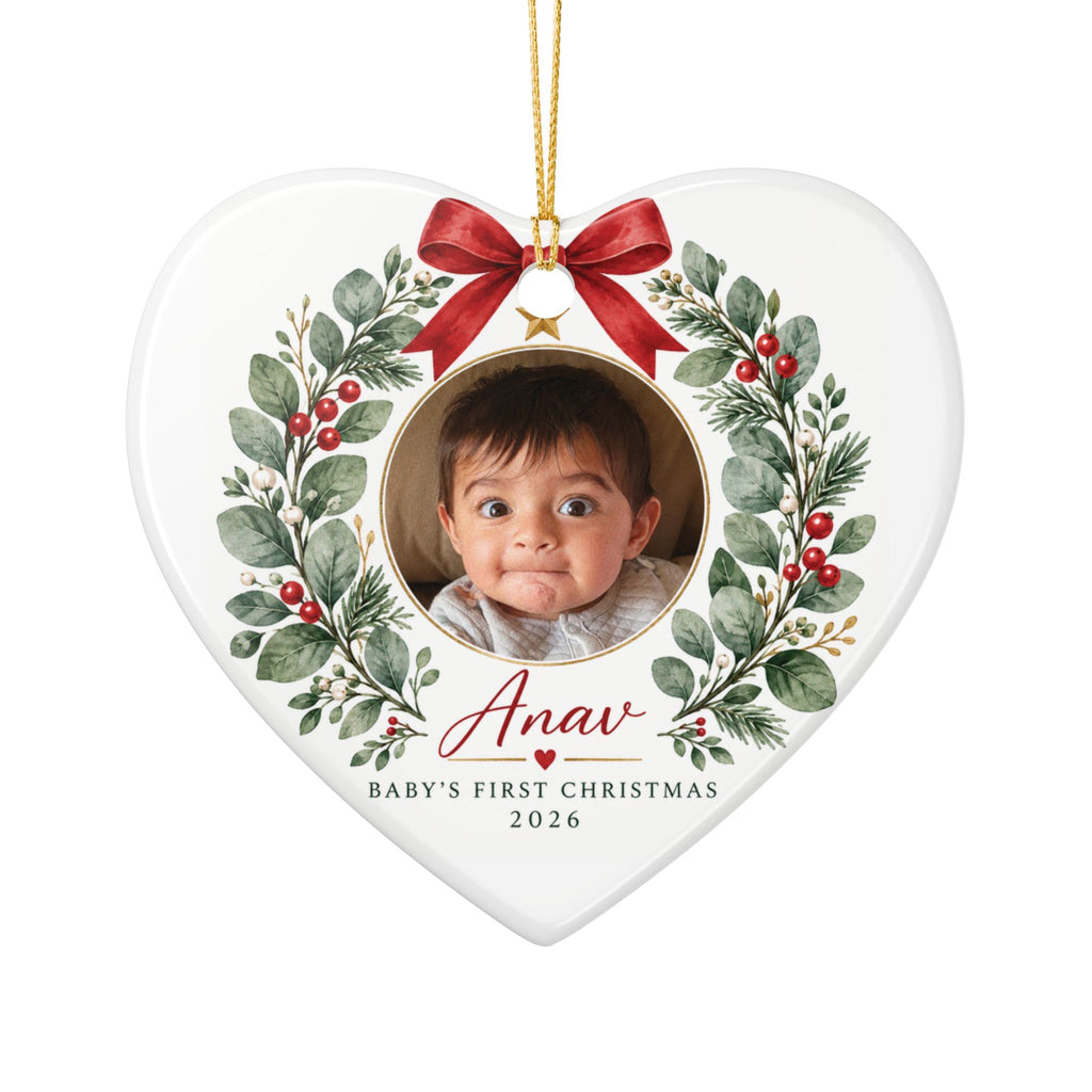 Baby's First Christmas Photo Ornament -  Ceramic Heart & Round Ornament