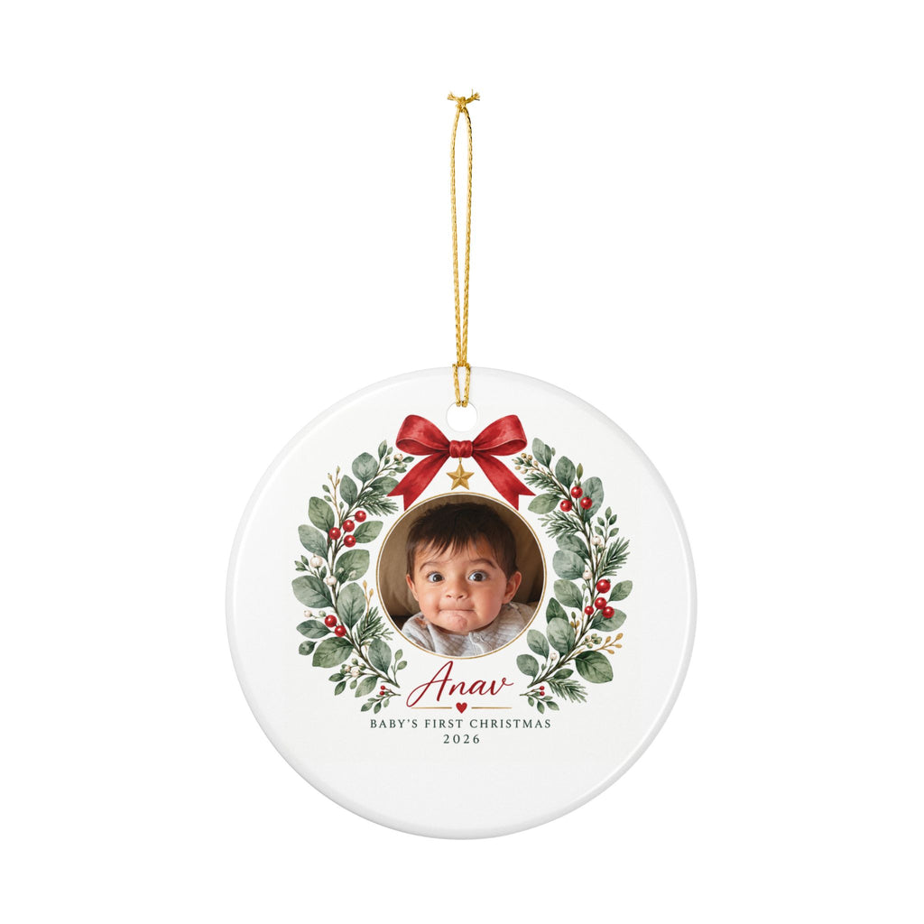 Baby's First Christmas Photo Ornament -  Ceramic Heart & Round Ornament