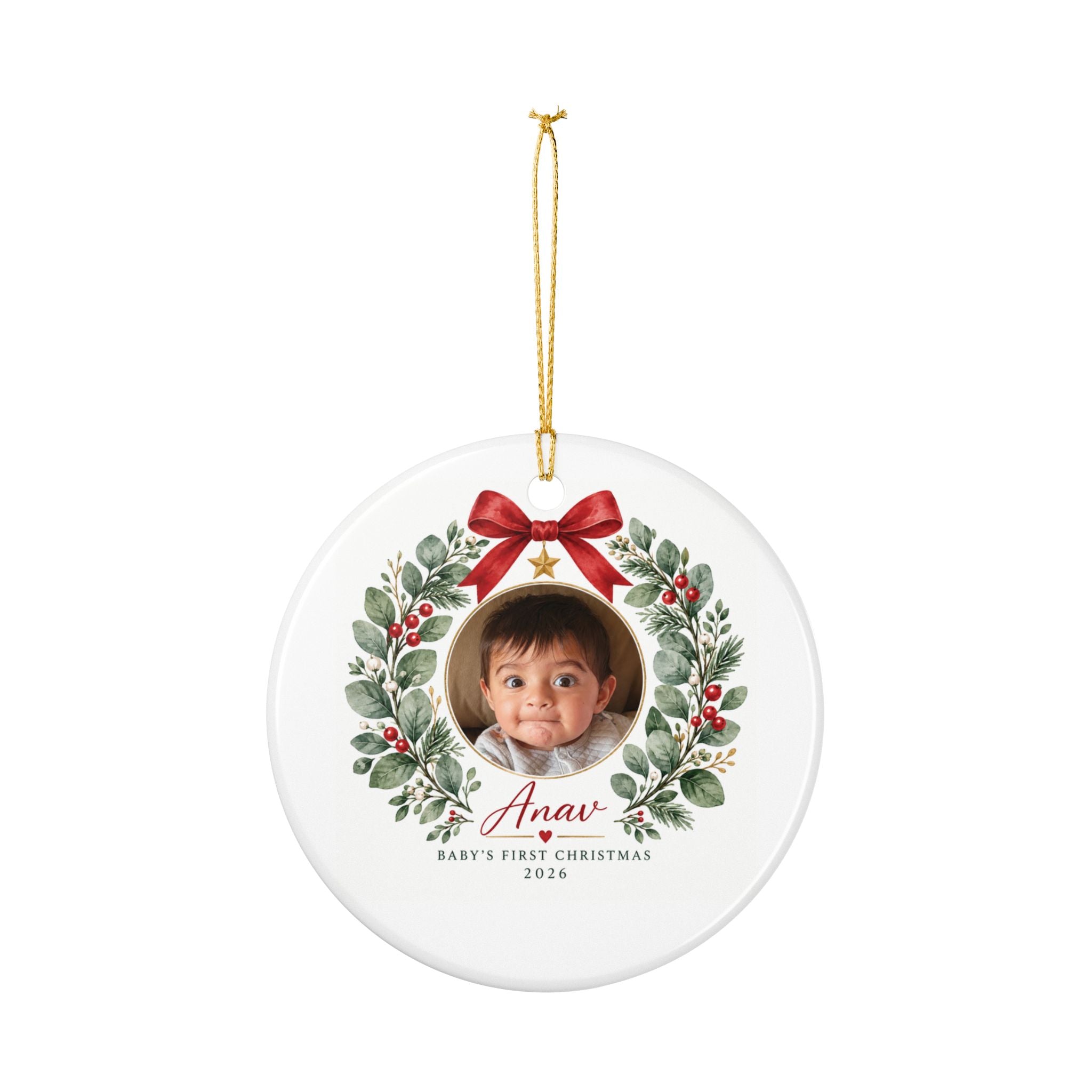 Baby's First Christmas Photo Ornament -  Ceramic Heart & Round Ornament