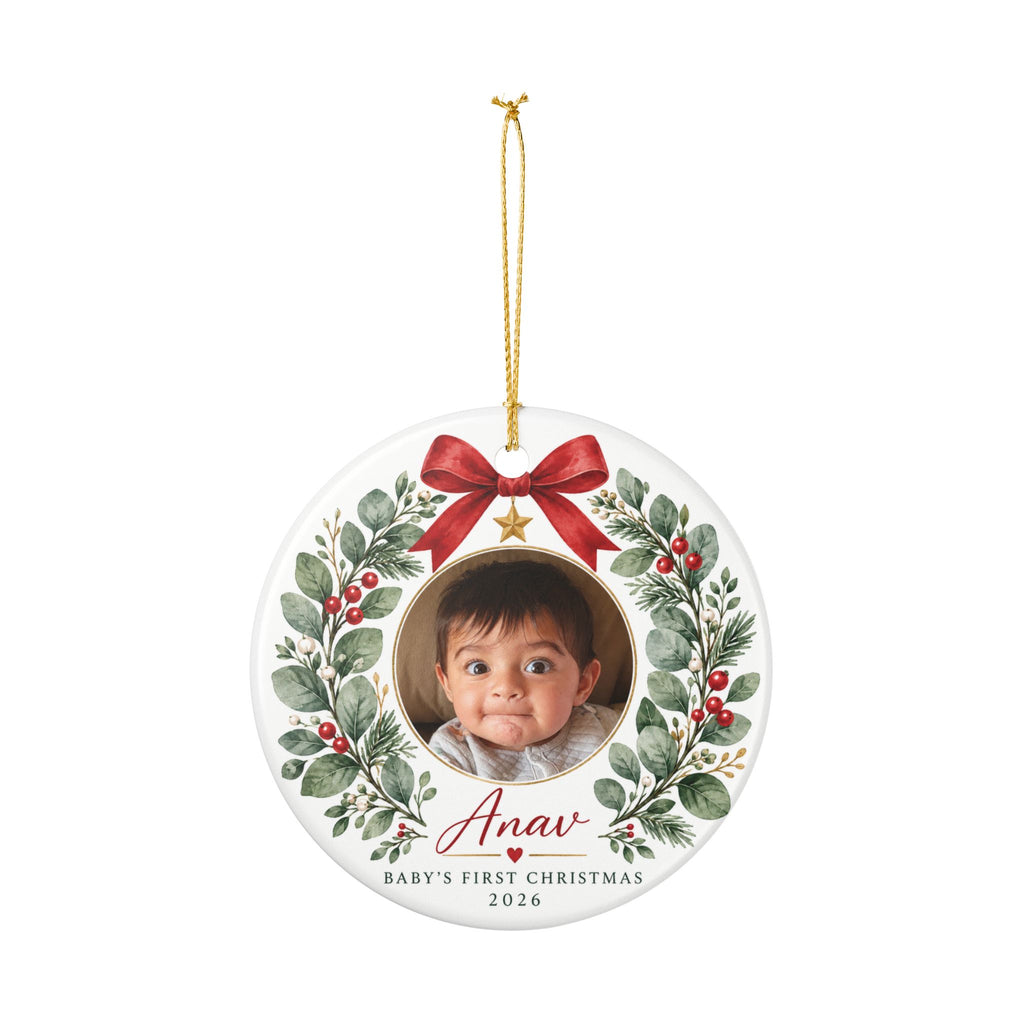 Baby's First Christmas Photo Ornament -  Ceramic Heart & Round Ornament