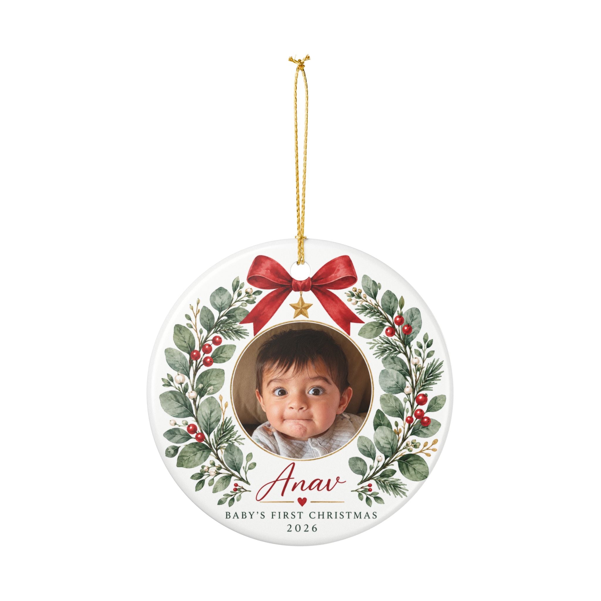 Baby's First Christmas Photo Ornament -  Ceramic Heart & Round Ornament
