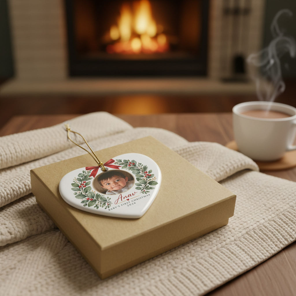 Baby's First Christmas Photo Ornament -  Ceramic Heart & Round Ornament
