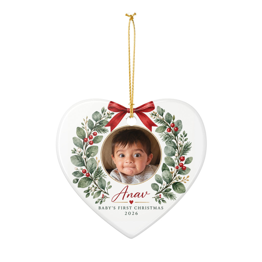 Baby's First Christmas Photo Ornament -  Ceramic Heart & Round Ornament