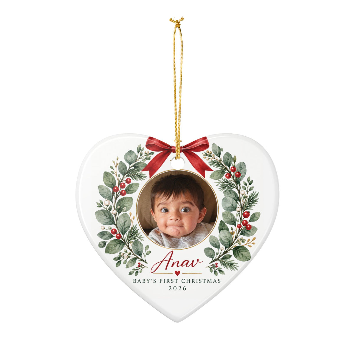 Baby's First Christmas Photo Ornament -  Ceramic Heart & Round Ornament