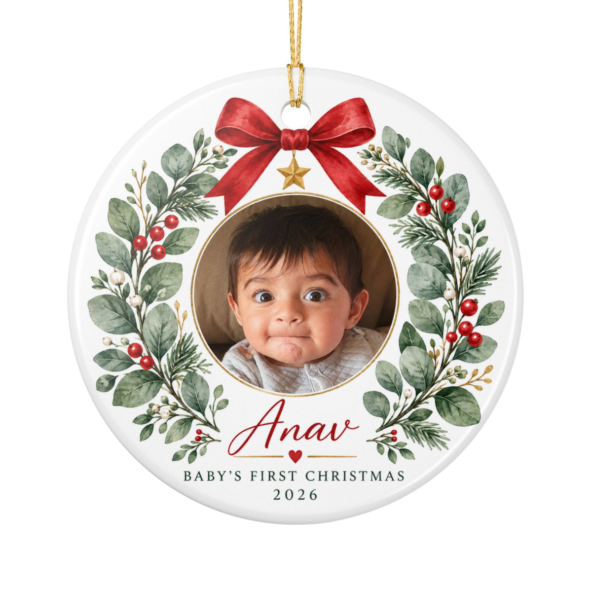 Personalized Baby's First Christmas Ceramic Ornament – Custom Name & Photo Wreath Design