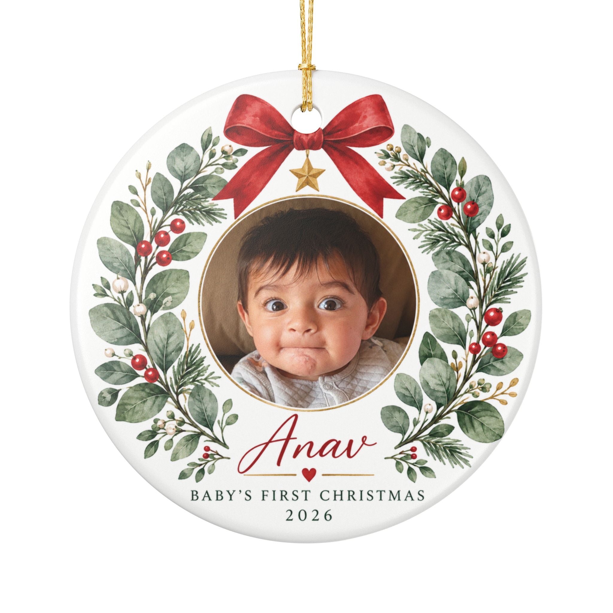 Baby's First Christmas Photo Ornament -  Ceramic Heart & Round Ornament