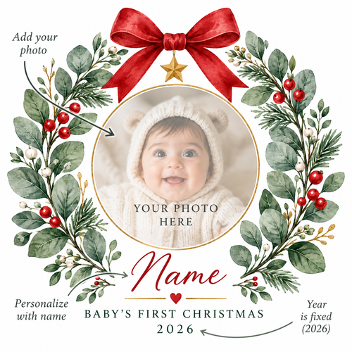 Personalized Baby's First Christmas Ceramic Ornament – Custom Name & Photo Wreath Design