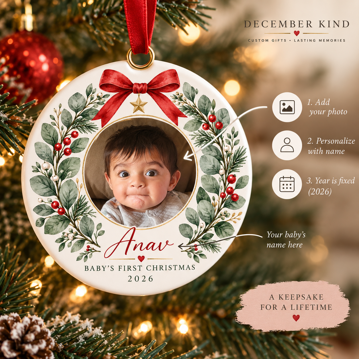 Personalized Baby's First Christmas Ceramic Ornament – Custom Name & Photo Wreath Design