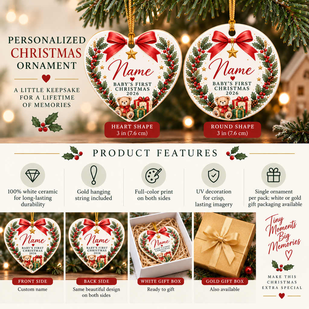 Baby's First Christmas 2026 Heart Ornament | Ceramic Holiday Decoration