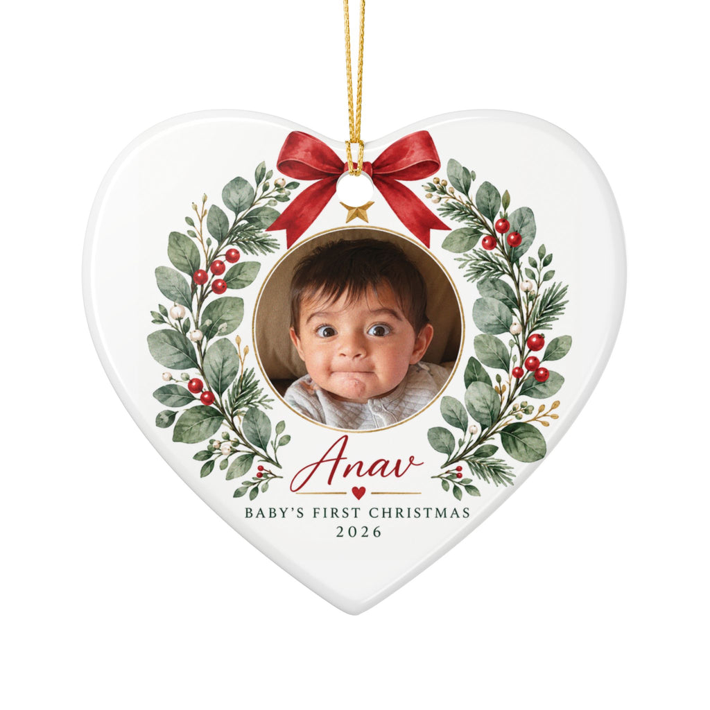 Baby's First Christmas Photo Ornament -  Ceramic Heart & Round Ornament
