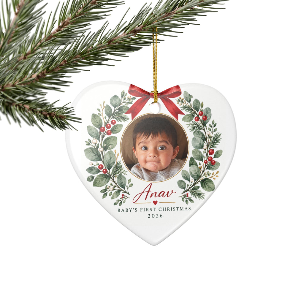 Baby's First Christmas Photo Ornament -  Ceramic Heart & Round Ornament