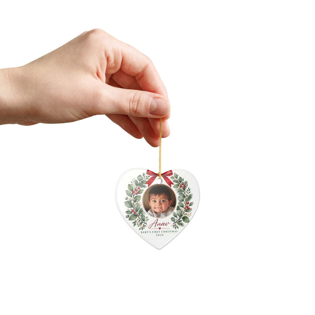 Baby's First Christmas Photo Ornament -  Ceramic Heart & Round Ornament