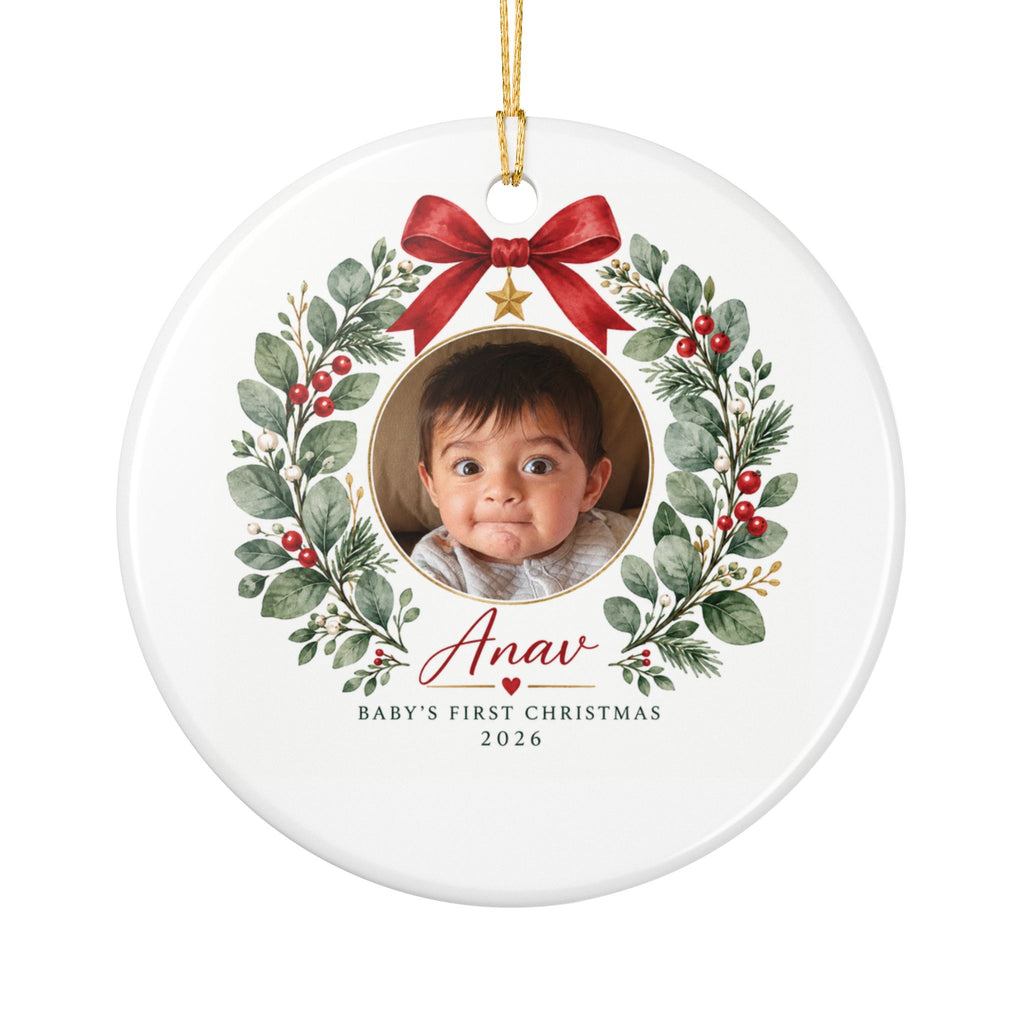 Baby's First Christmas Photo Ornament -  Ceramic Heart & Round Ornament