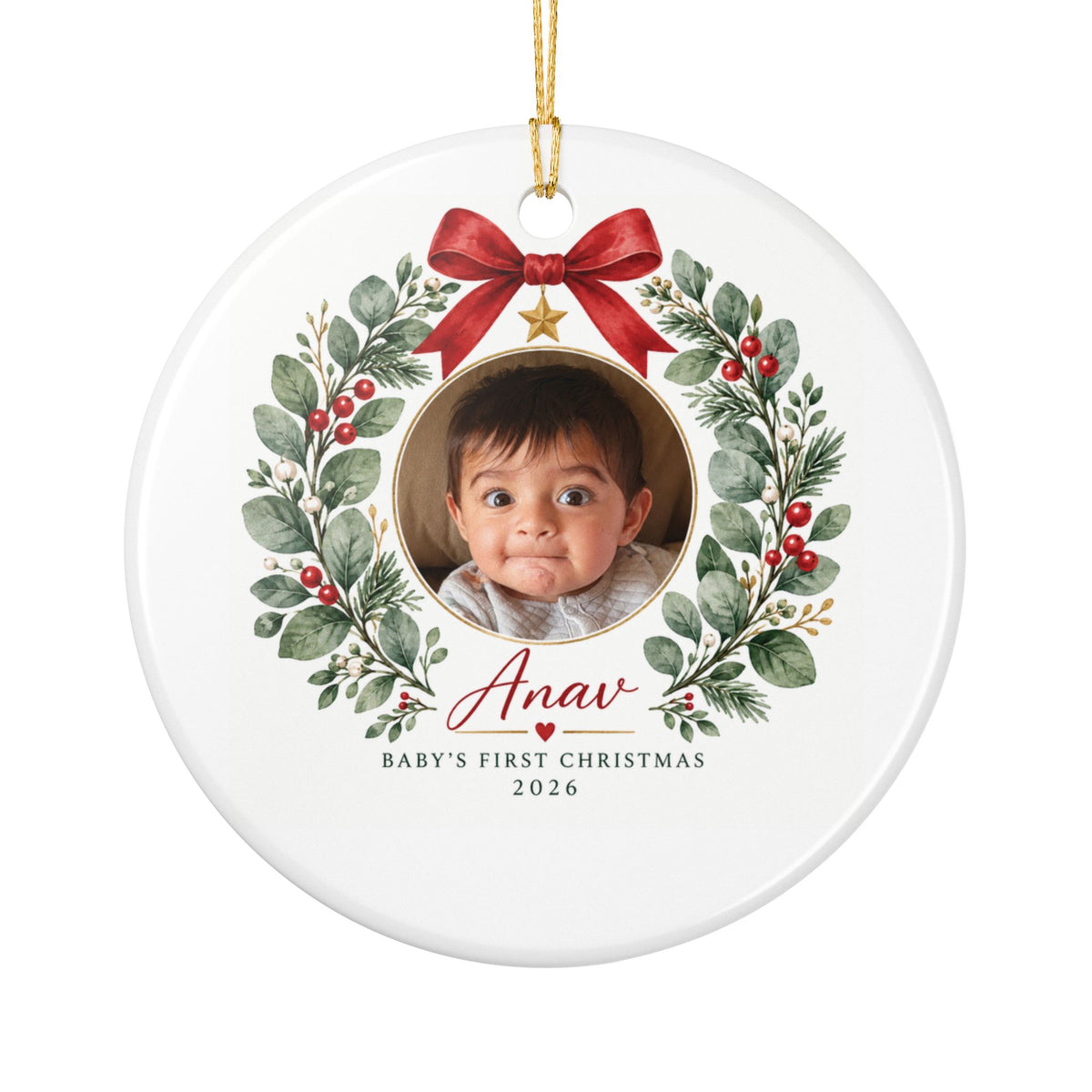 Baby's First Christmas Photo Ornament -  Ceramic Heart & Round Ornament