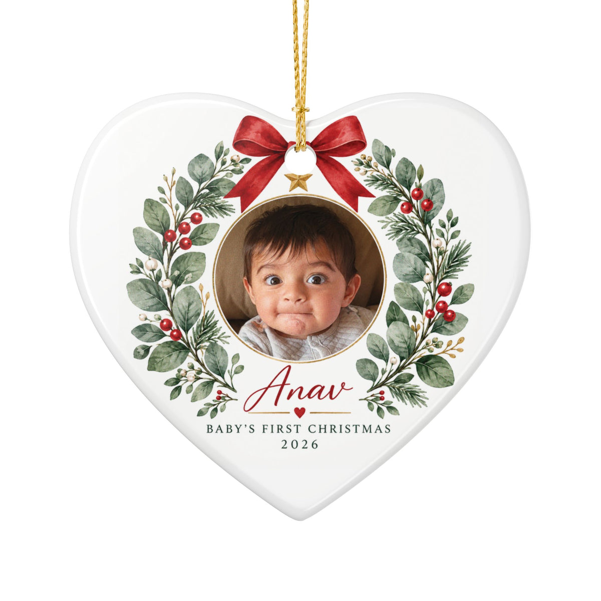 Baby's First Christmas Photo Ornament -  Ceramic Heart & Round Ornament