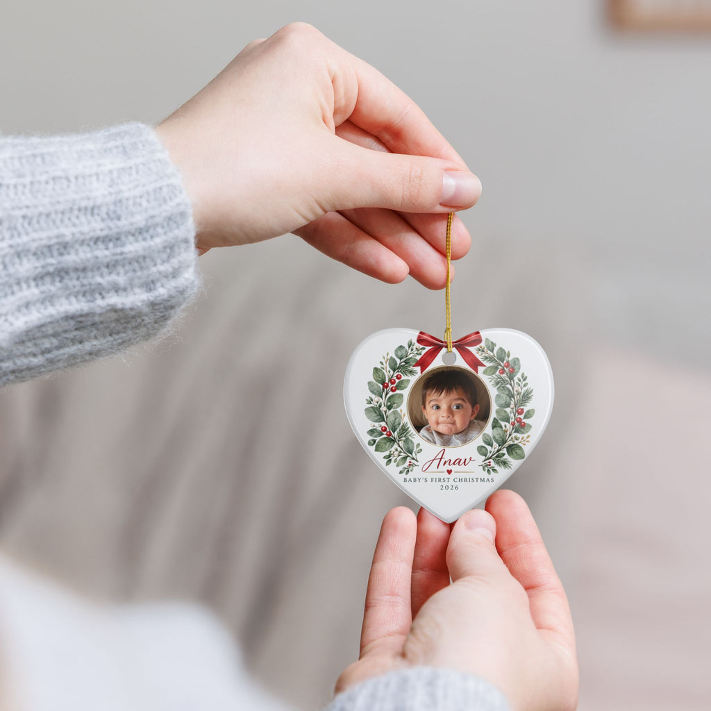 Baby's First Christmas Photo Ornament -  Ceramic Heart & Round Ornament