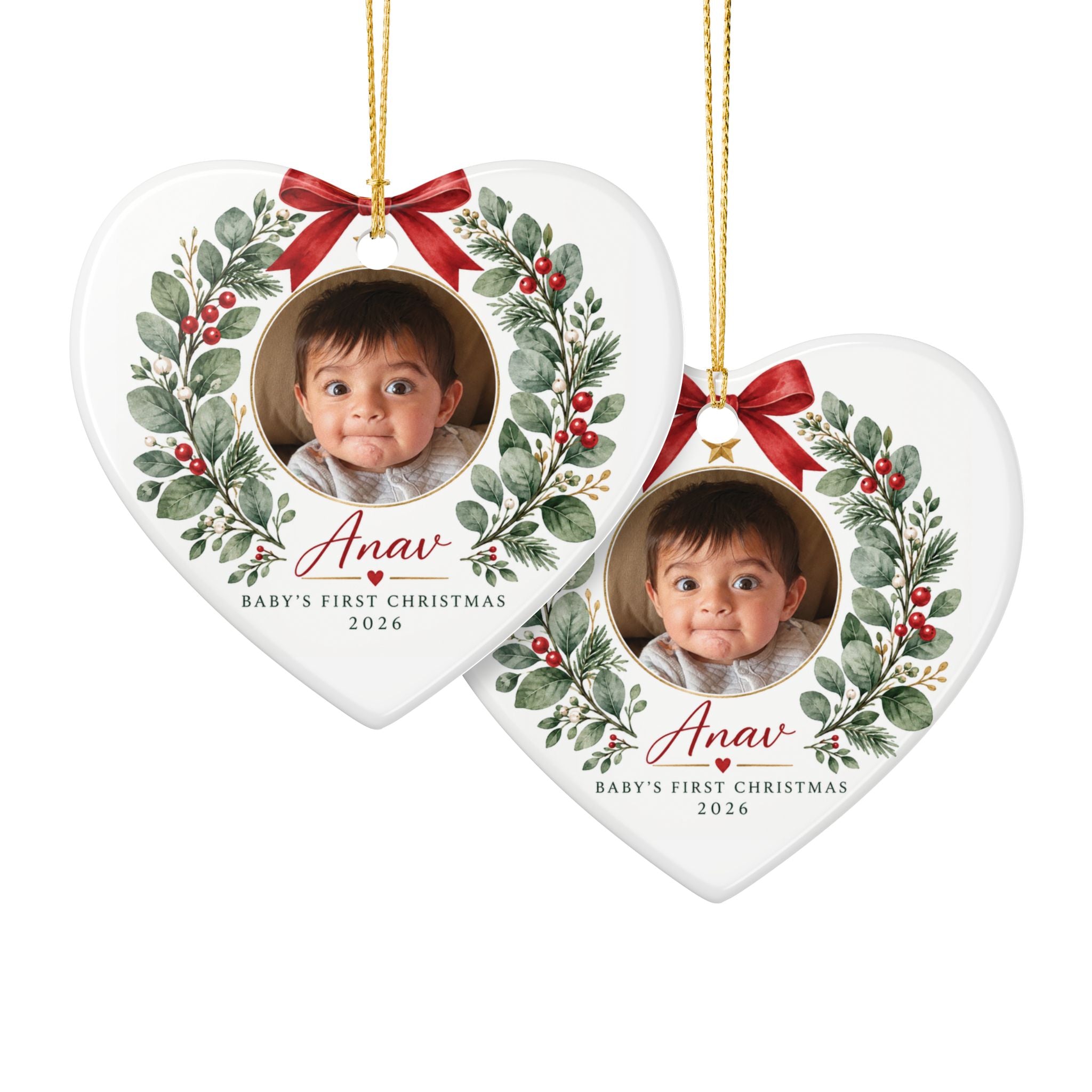 Baby's First Christmas Photo Ornament -  Ceramic Heart & Round Ornament