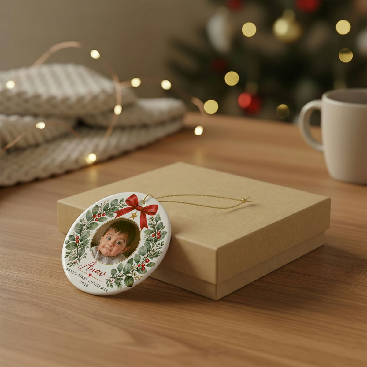 Baby's First Christmas Photo Ornament -  Ceramic Heart & Round Ornament