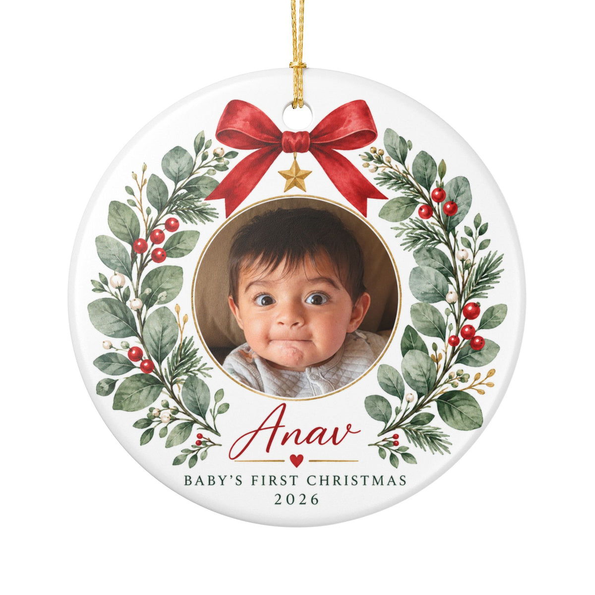 Personalized Baby's First Christmas Ceramic Ornament – Custom Name & Photo Wreath Design